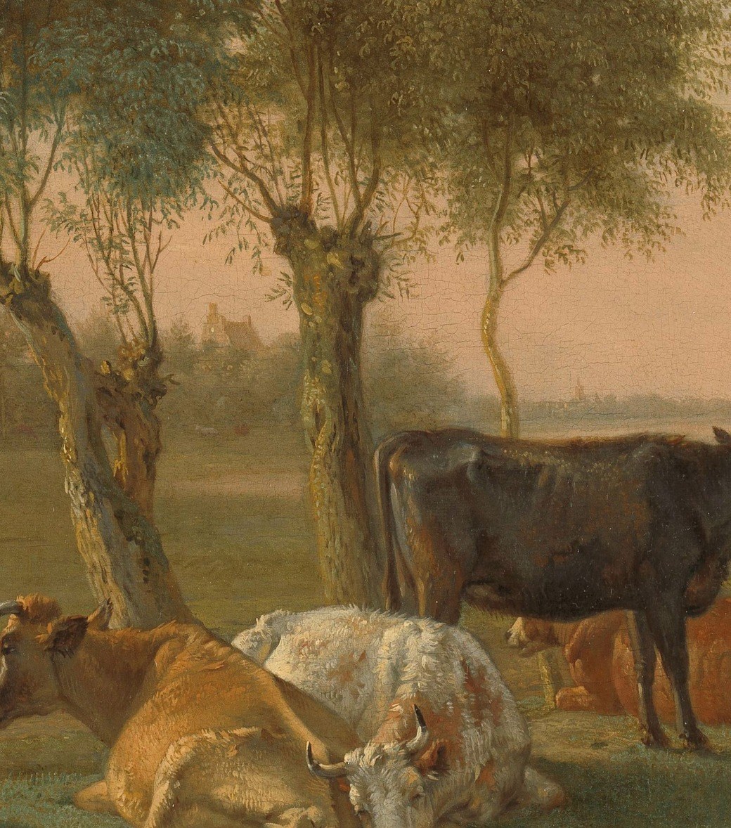 The visual anchor of the herd; its dark silhouette contrasts sharply with the warm afternoon sky behind it, a compositional move Potter used to command the eye.
