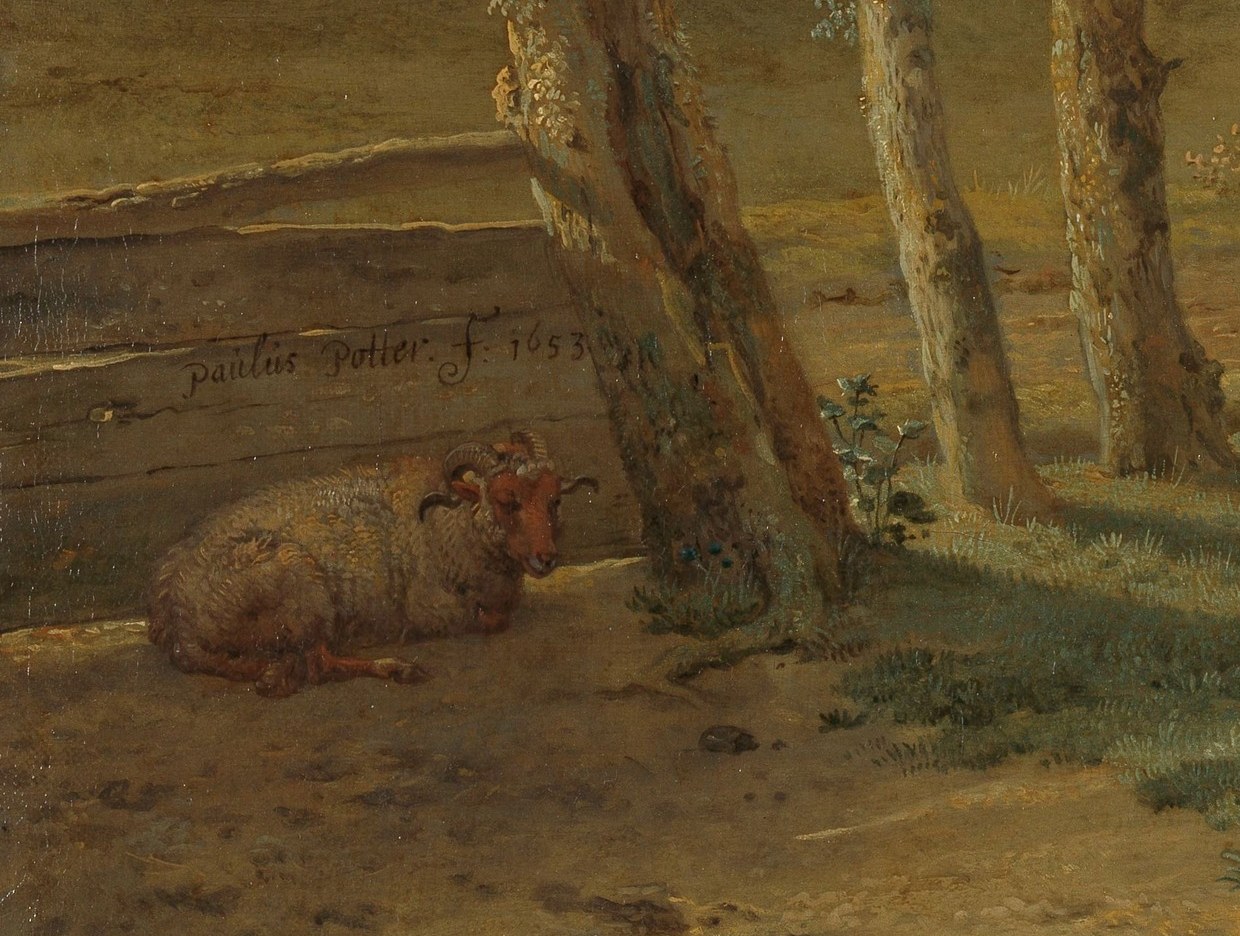 The most frontal animal in the composition; Potter's hallmark , an animal rendered with almost scientific tenderness, its weight visibly settled into the earth.