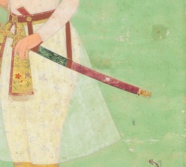 The jeweled hilt and red scabbard are a clear mark of Mughal military rank and ceremonial dress.