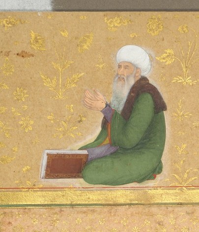 A scholar in green robes with an open book suggests learning and piety surrounding the central dignitary.