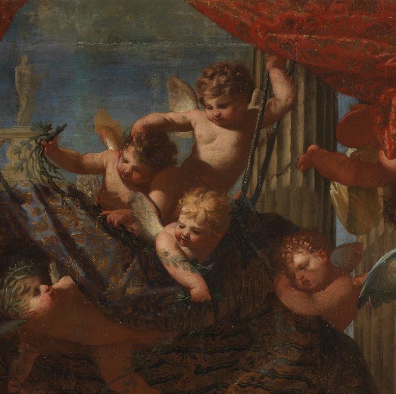 Cherubs overhead offer a divine blessing on his future.