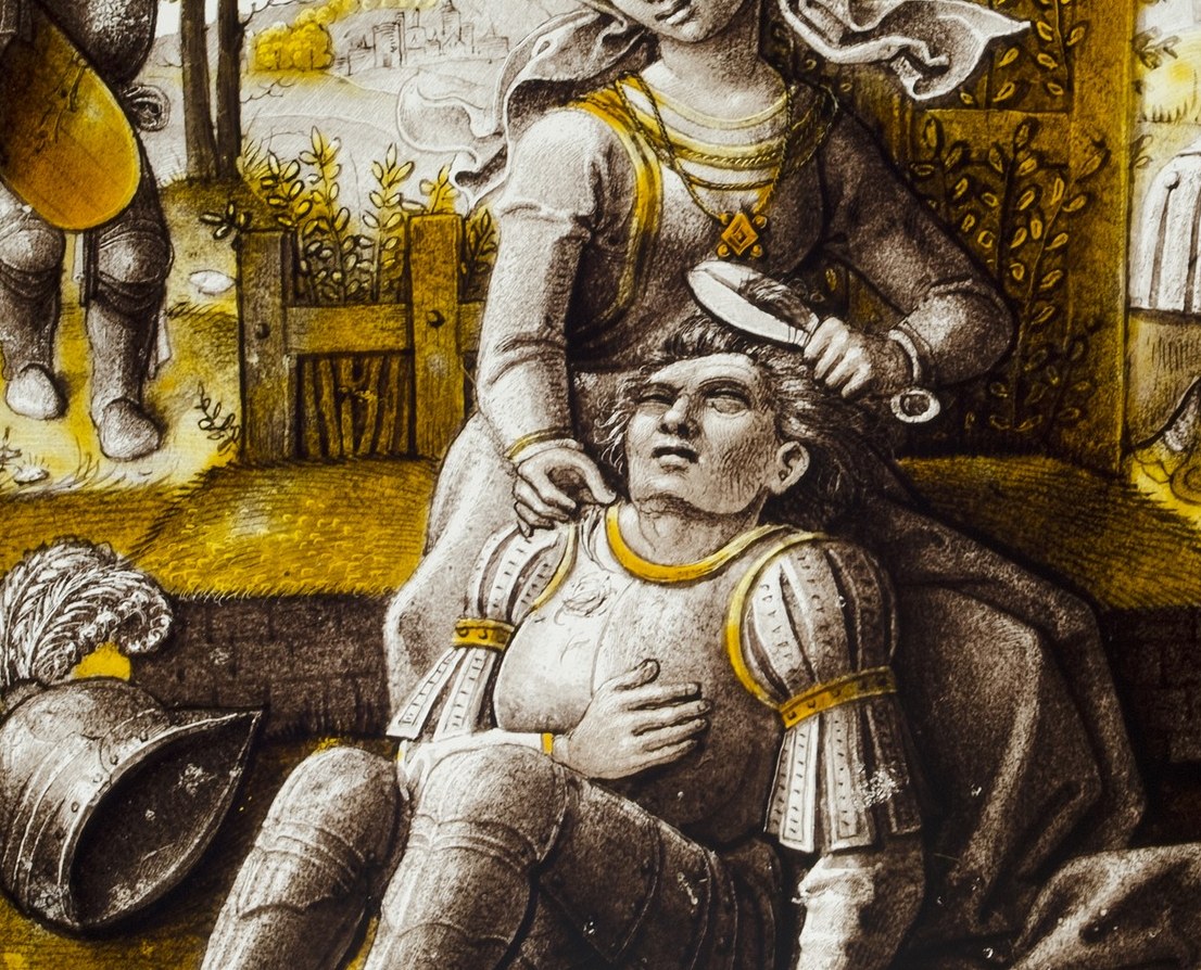 The biblical strongman is shown as a trusting child.