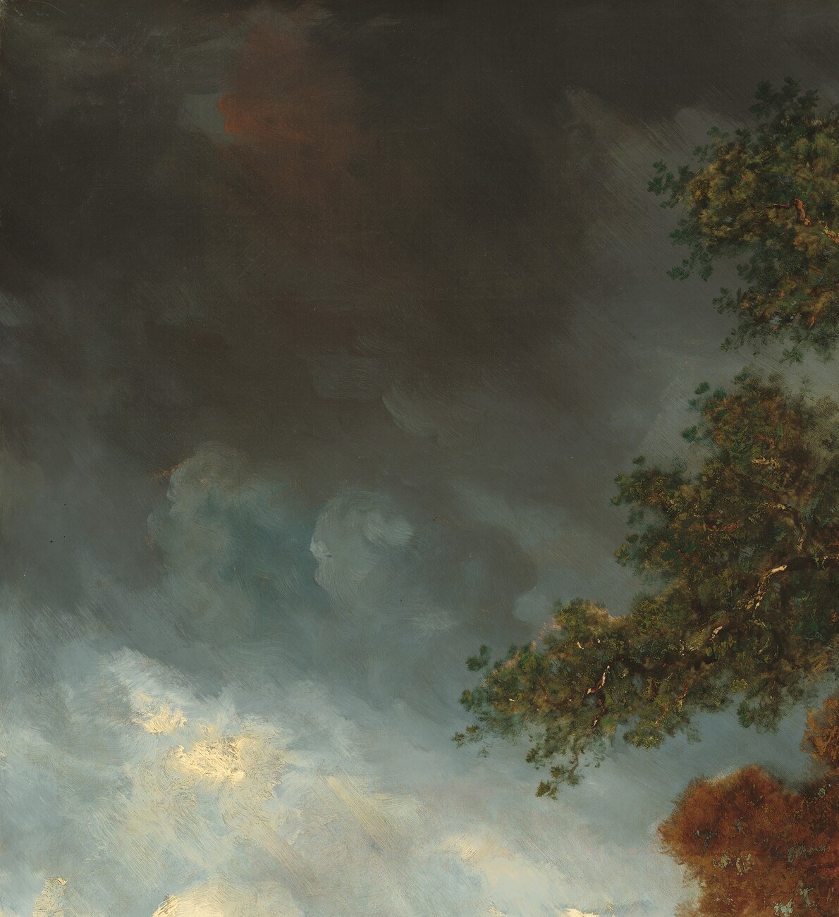 The painting's primary light source; the creamy luminosity here is the chromatic opposite of the dark forest interior and pulls the eye into depth.