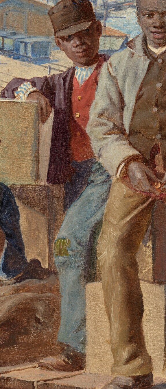 The boy in red looks away.