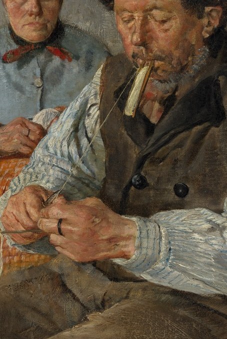 The pipe is a symbol of contemplation and perhaps a moment of respite from labor.