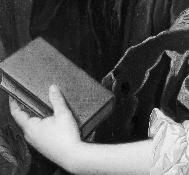 The book is a deliberate attribute , closed suggests devotional rather than scholarly use; its binding detail may reveal a prayer book or Bible, speaking to her piety.