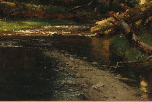 The painting's emotional heart , the dark still water collects and concentrates all the scattered forest light into a single legible reflection