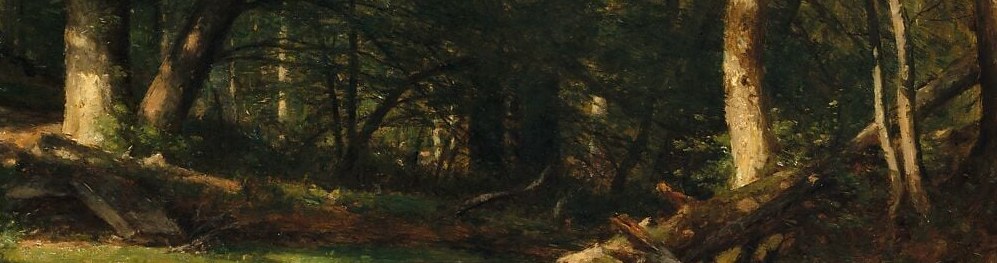 The scene's structural drama: a whitened dead trunk slices the vertical living forest horizontally, a memento mori embedded in abundant life
