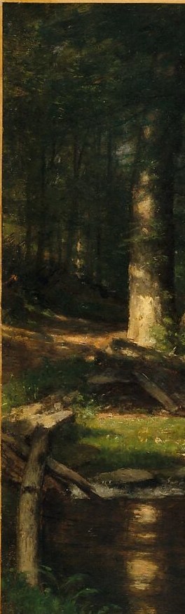 The dominant vertical form , its deeply furrowed bark is the darkest fixed point in the composition and frames all the interior light to its right