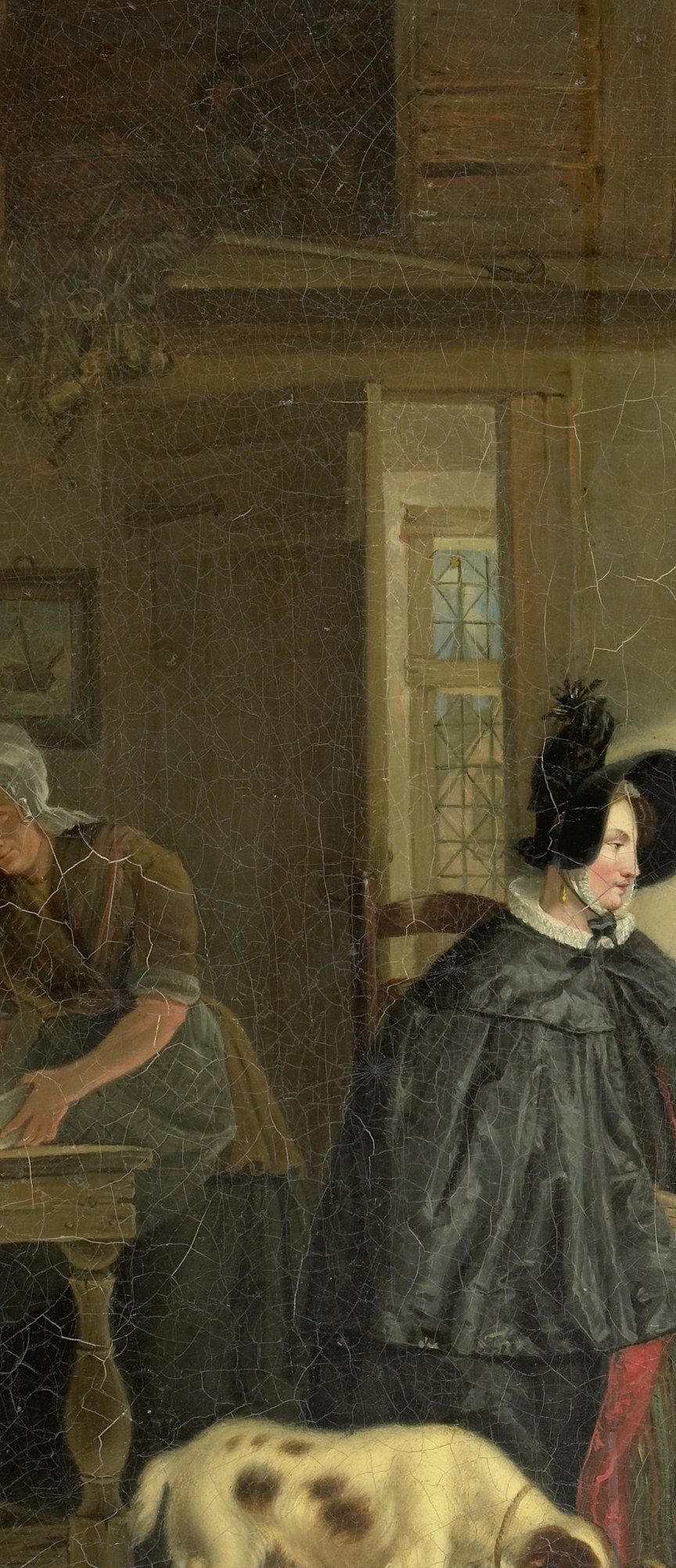 Her dark clothing creates a stark value contrast with the mother's white dress, dramatizing the encounter and encoding the social ritual of the title