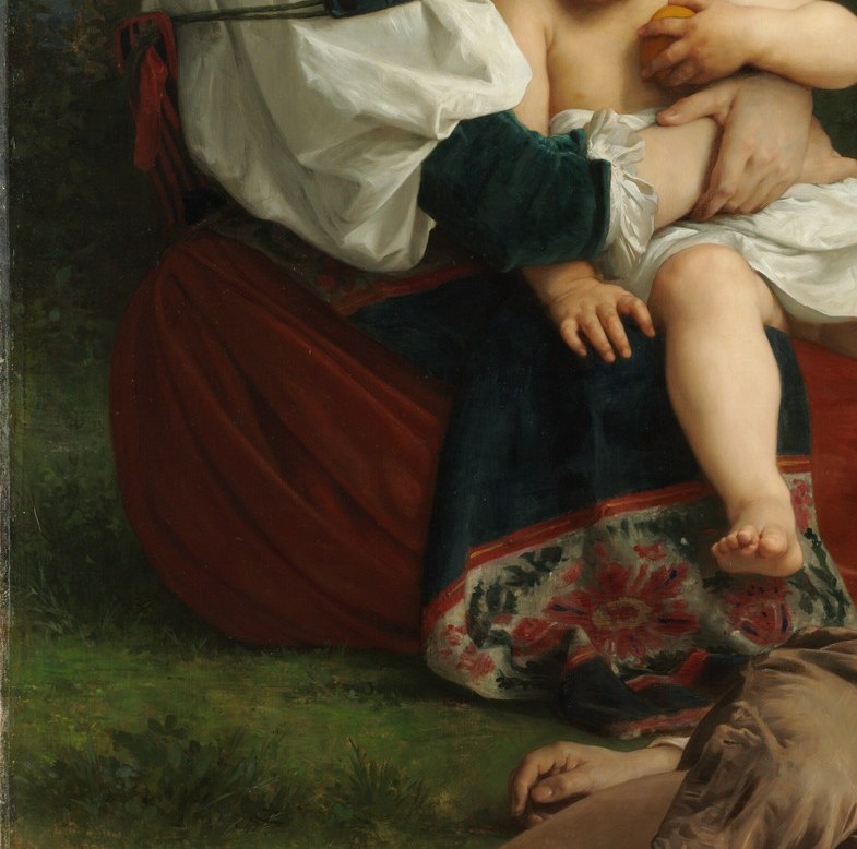 Her crimson skirt and blue shadow read as the Virgin's colors.