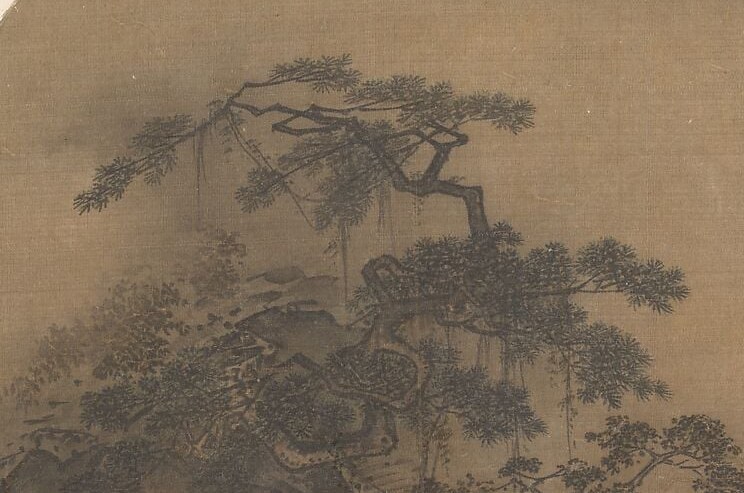 The gnarled pine tree, an emblem of strength, shelters their conversation.