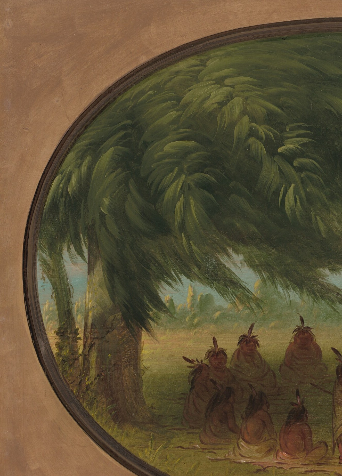 The tree provides a natural, perhaps sacred, setting for the council, its branches reaching over the participants.