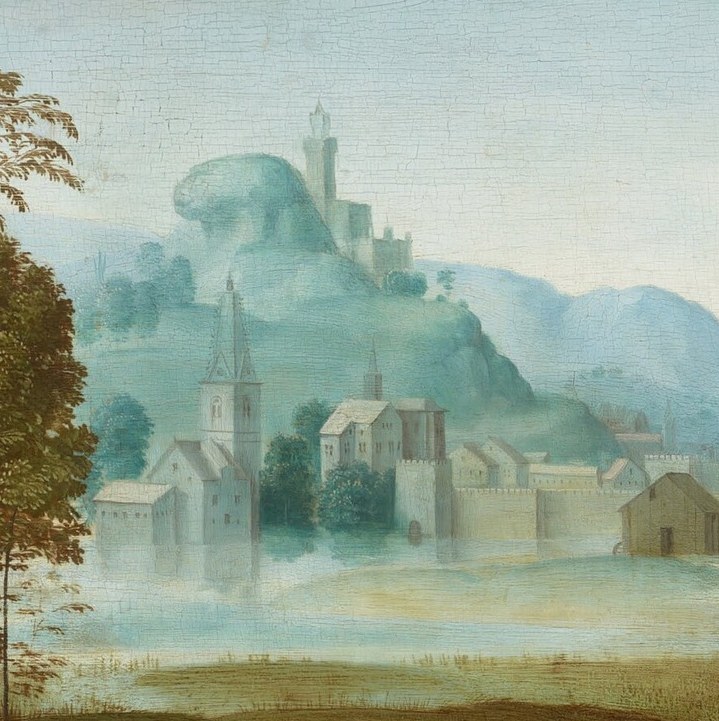 A distant castle suggests an idealized location.