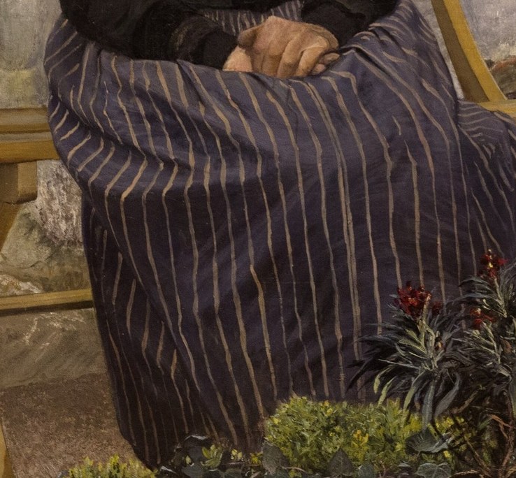 The heavy fabric and vertical stripes add to the somber mood and grounded presence of the figure.