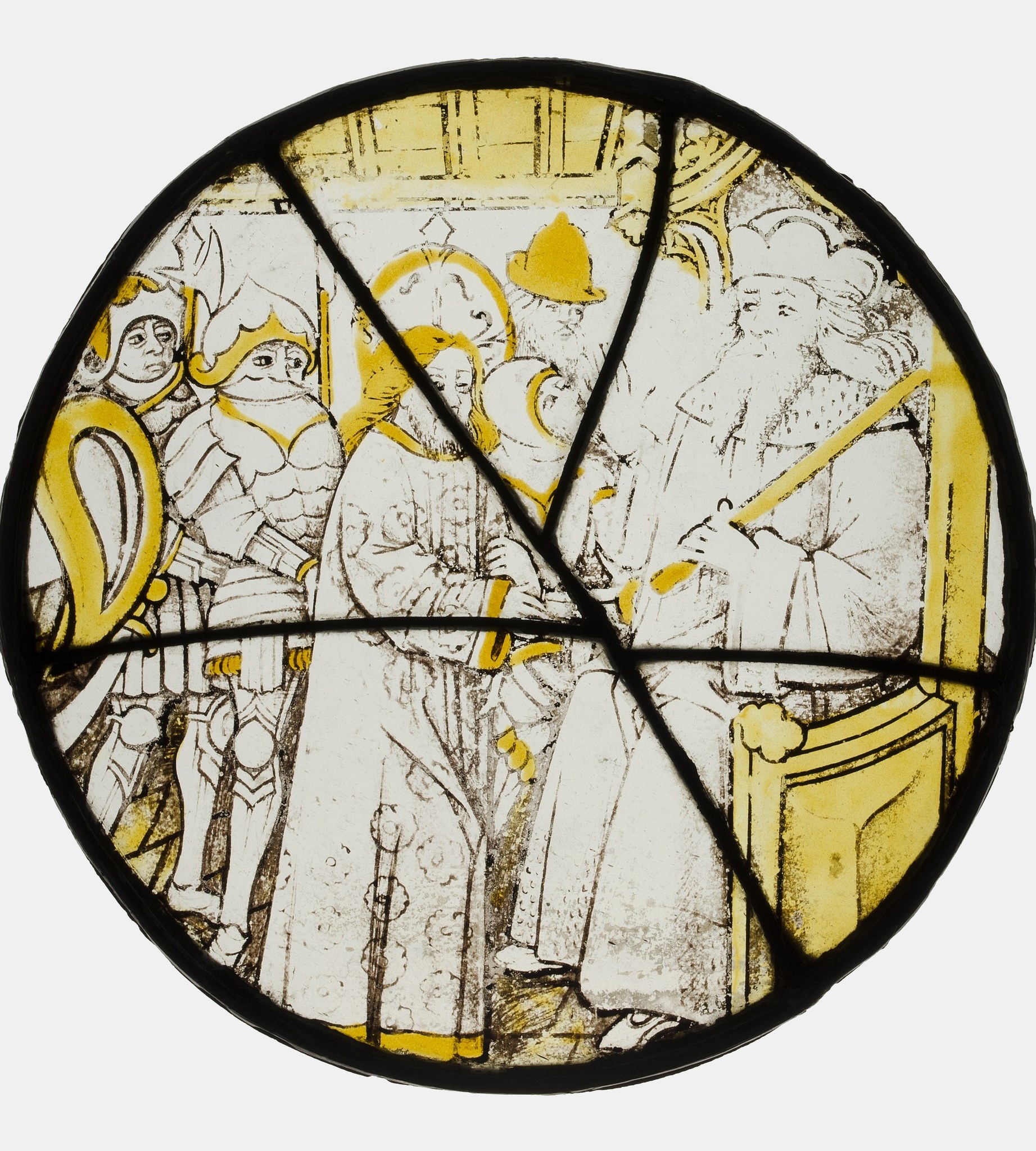 The lead border defines this as a self-contained devotional object, not a panel painting , its circular format derives from the coin or seal, lending the scene an intimate, portable authority.