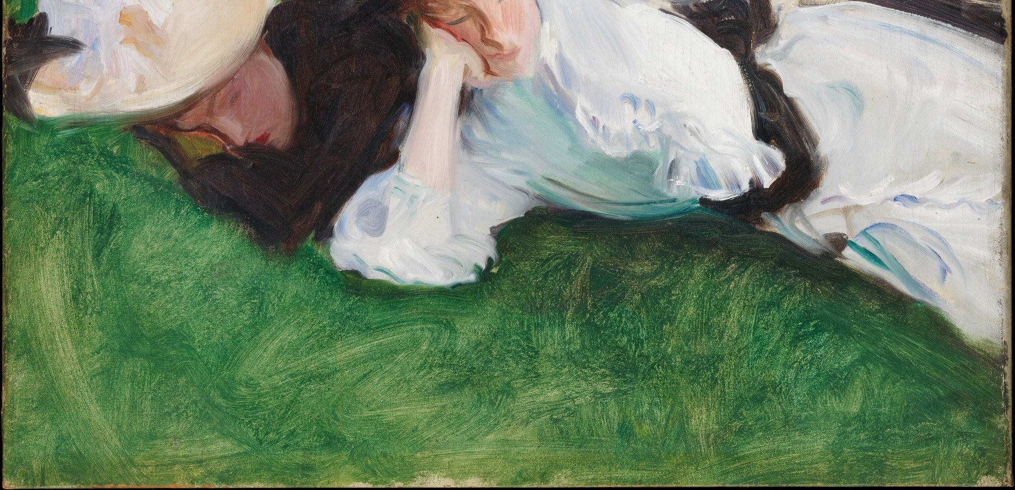 The artist used thick paint, making the greens and whites vibrant.