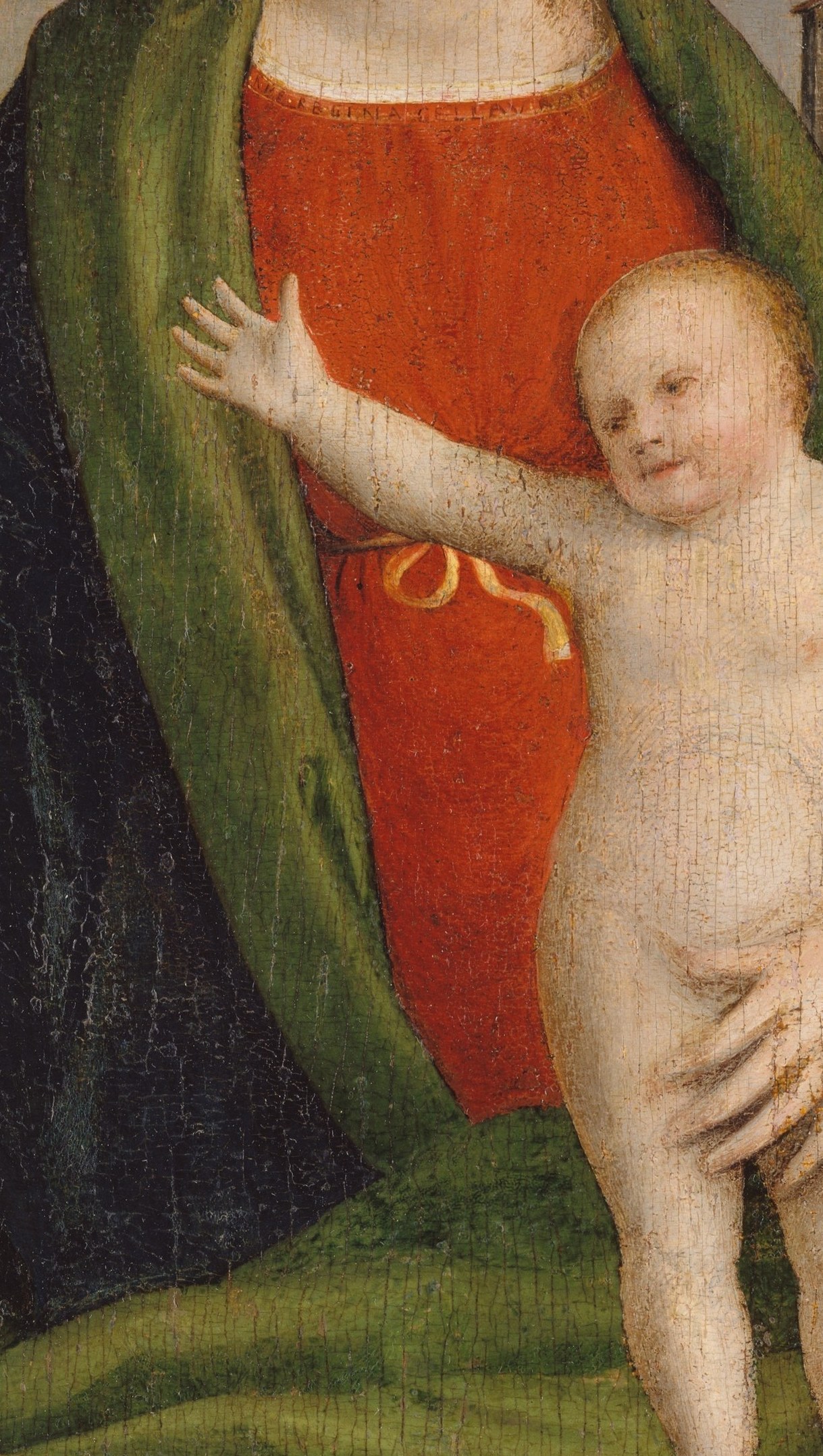 The child leans forward, full-body nude, accepting the apple , the pose embodies the theological arc from Original Sin to Redemption in a single gesture.