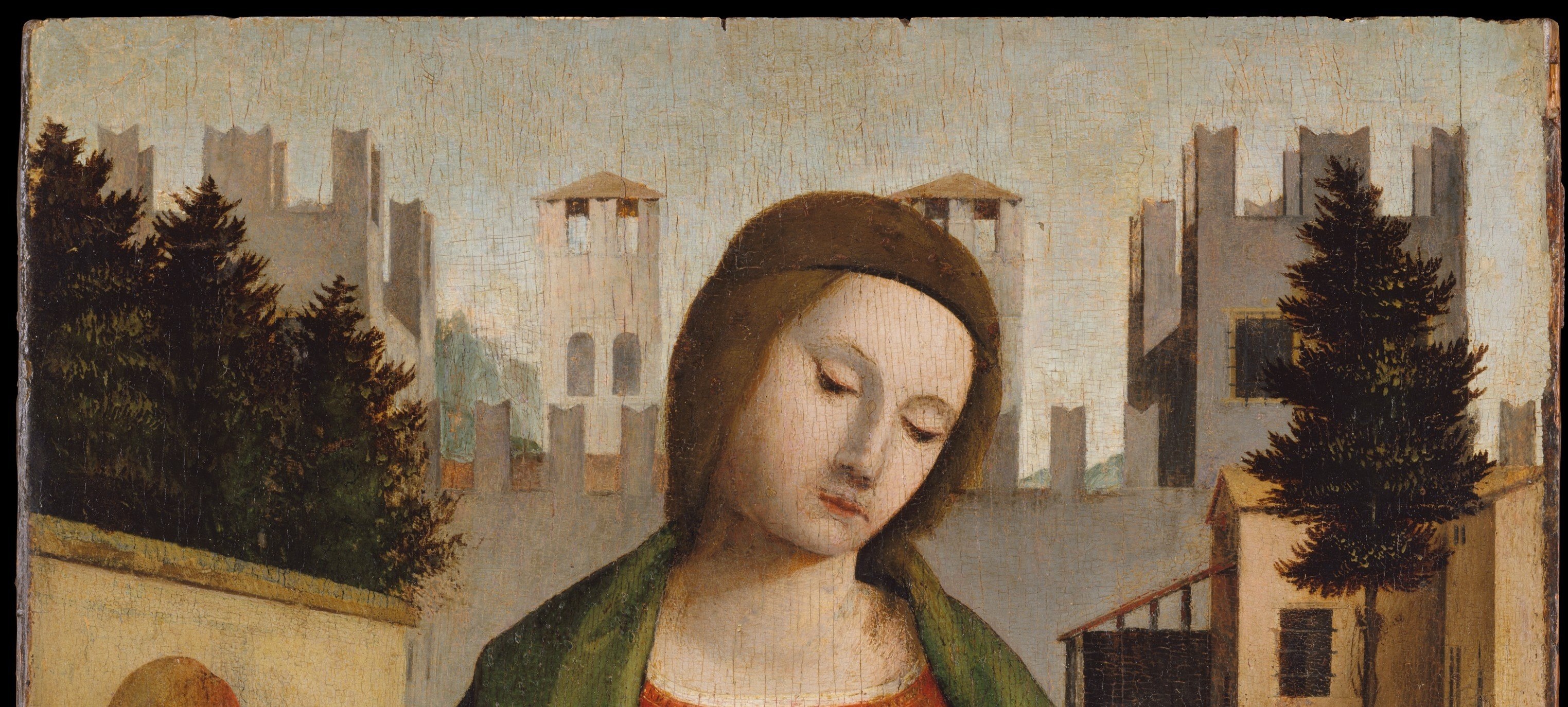 The courtyard setting grounds a sacred scene in Lombard civic architecture, making the Madonna appear enthroned in a Renaissance piazza rather than a celestial void.
