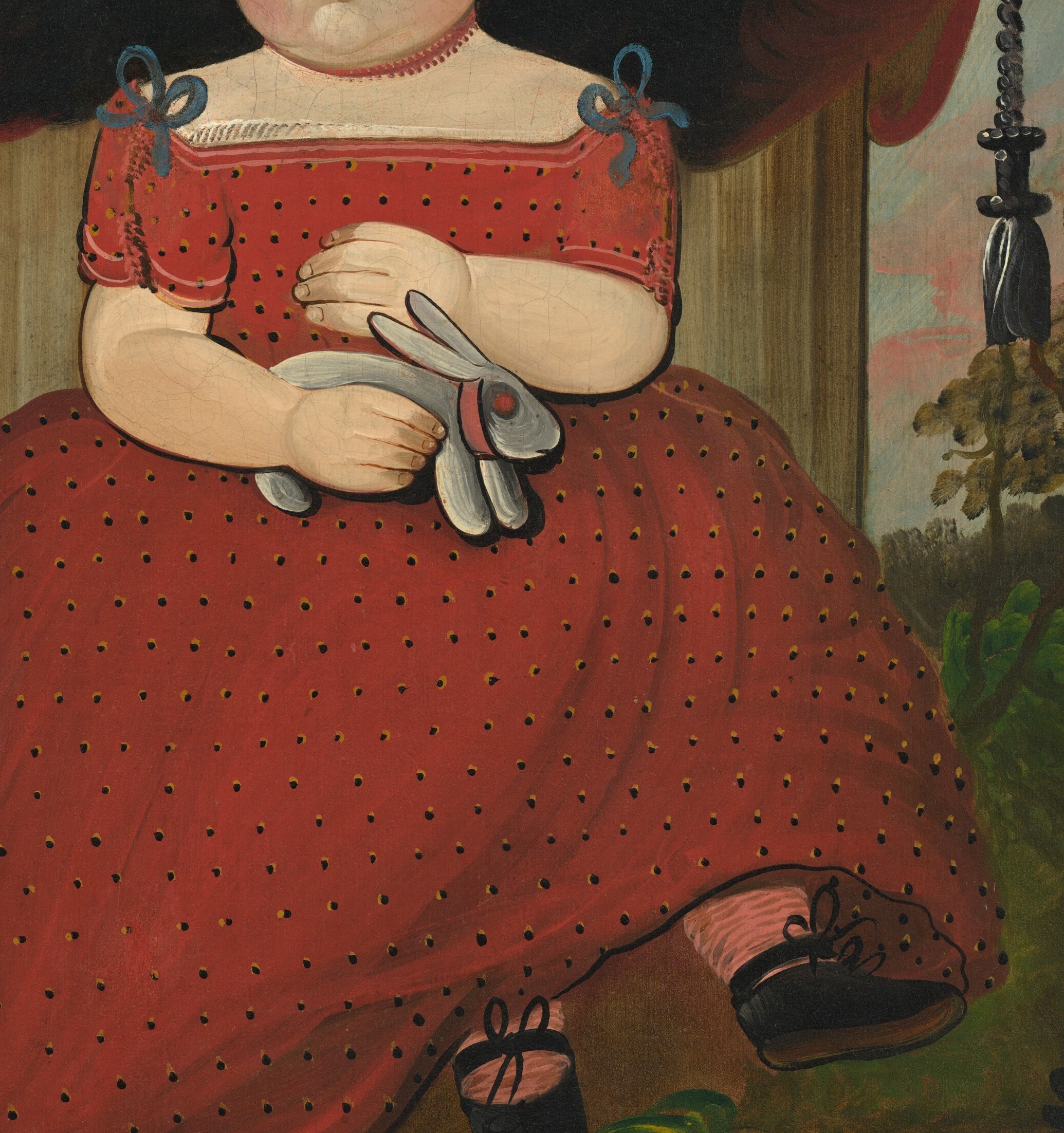 Her red dress, dotted with black, is a vibrant detail in the painting.