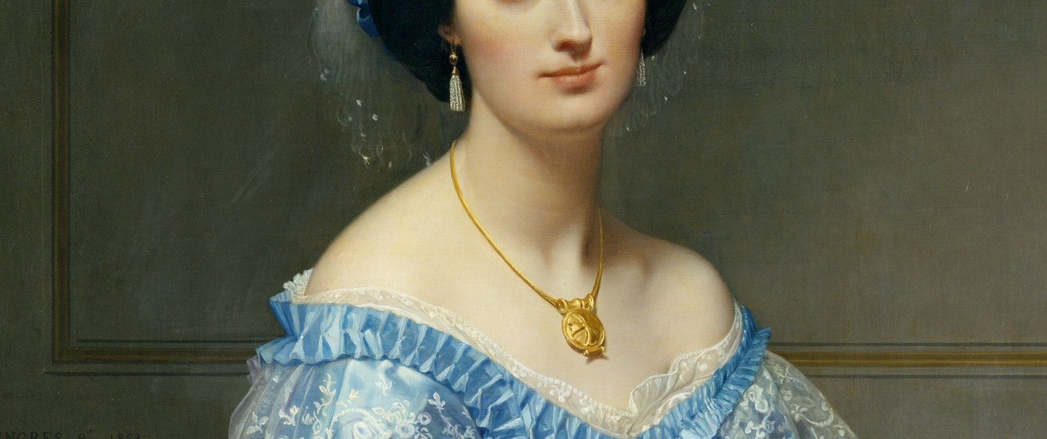 Ingres' signature technique passage: flesh rendered with porcelain smoothness, the skin tone set against cool blue satin , a painterly contrast that made his portraits instantly recognizable and which rewards extreme close-up viewing.