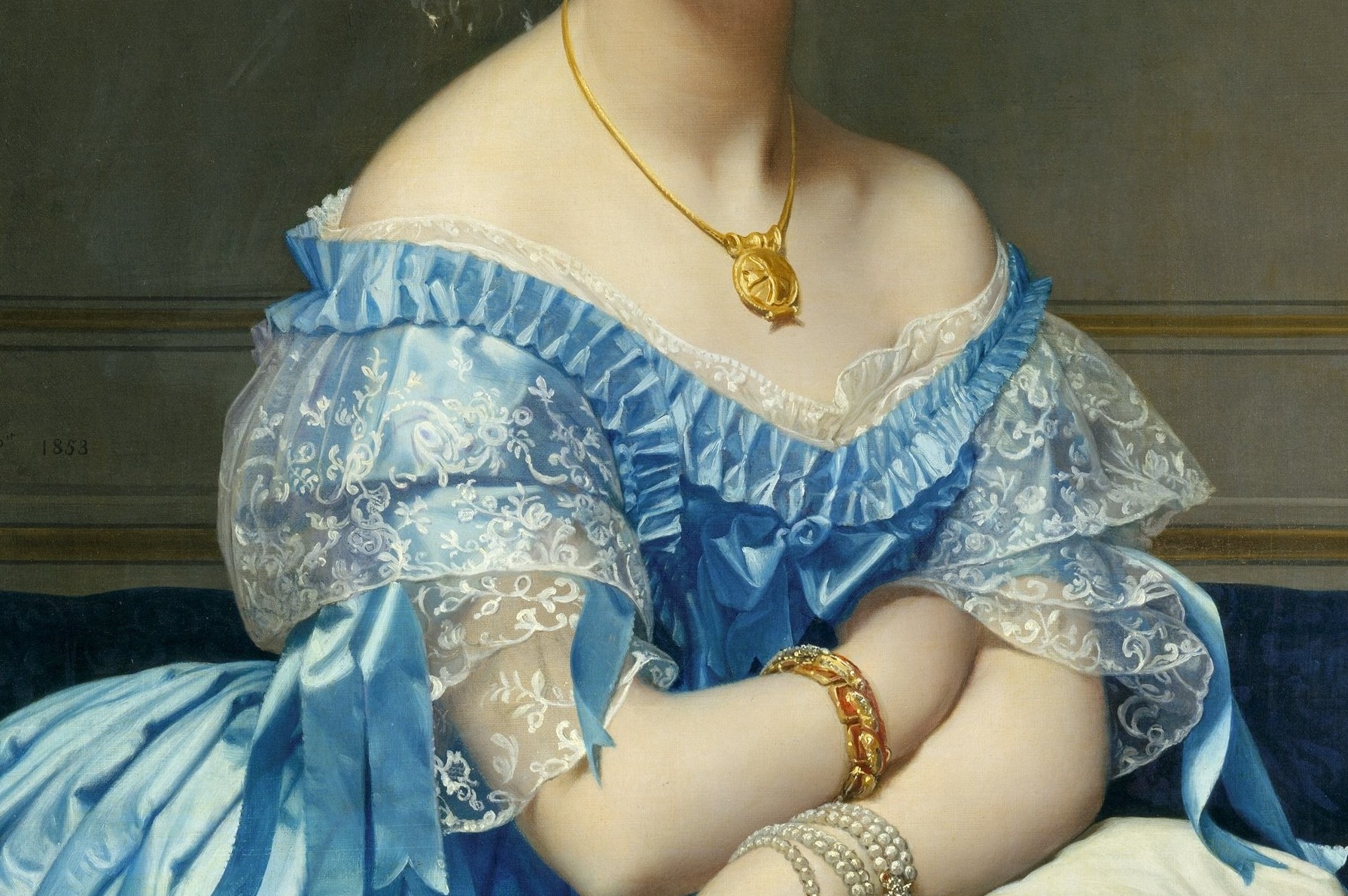 Ingres' most celebrated achievement in fabric painting; the light modeling of the satin folds creates extraordinary three-dimensionality and is one of the finest passages of textile rendering in 19th-century painting.