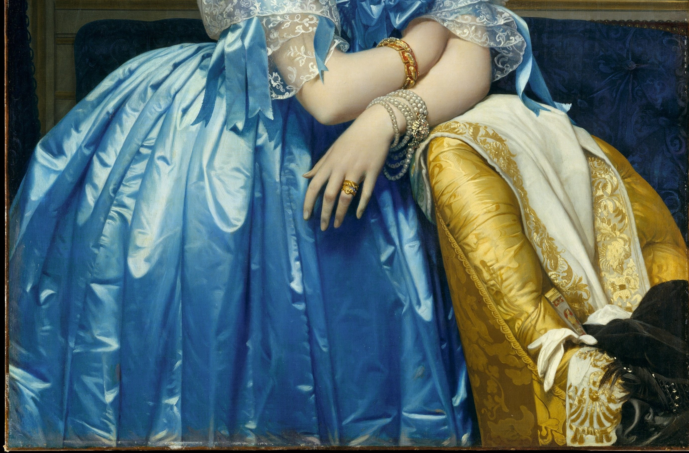 An almost architectural presence , the dress occupies nearly half the painting's total area, a formal strategy that literalizes status: the princess is structurally upheld, even subsumed, by her own gown.