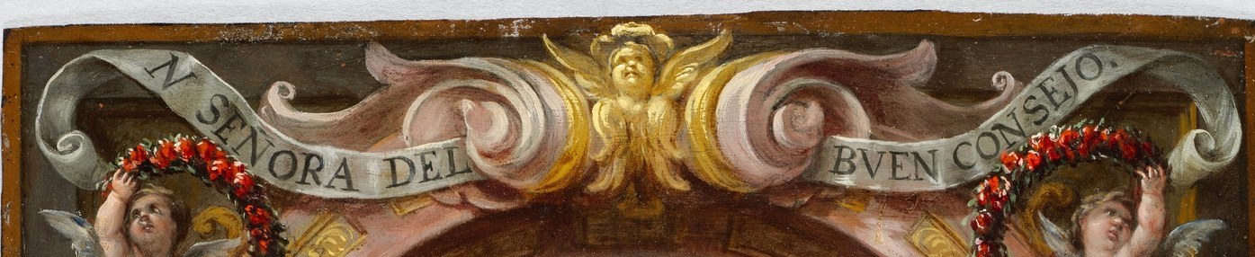 The banner names her Our Lady of Good Counsel.