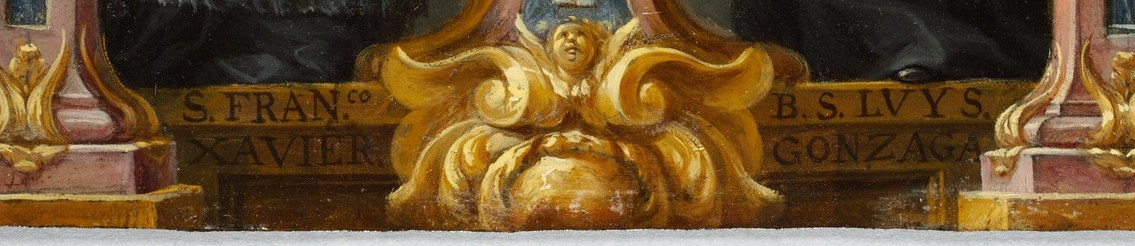 The inscriptions turn the image into a specific prayer request, identifying the intercessory patrons