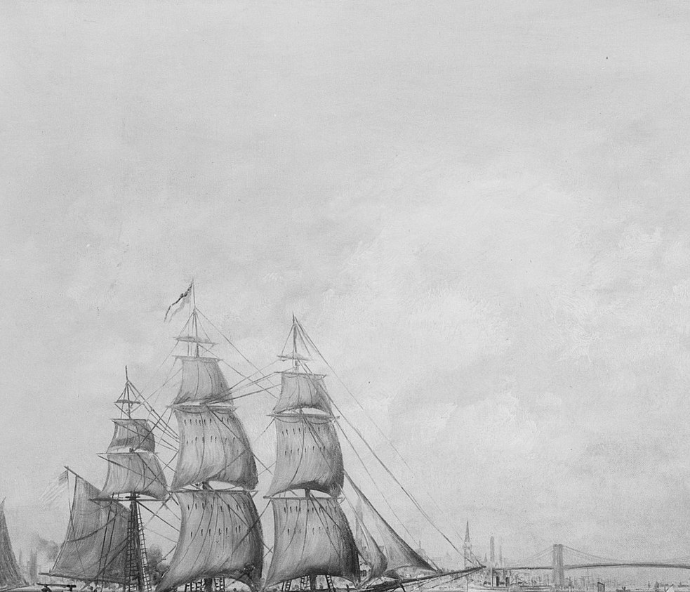 Look past the rigging toward the distant shore.