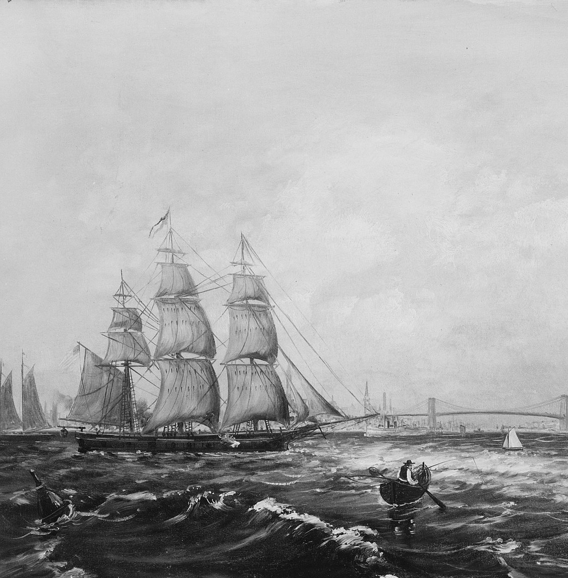 The compositional anchor , full sail canvas billowing, intricate period rigging, and a hull sitting low on choppy water; captures the height of American sail commerce.