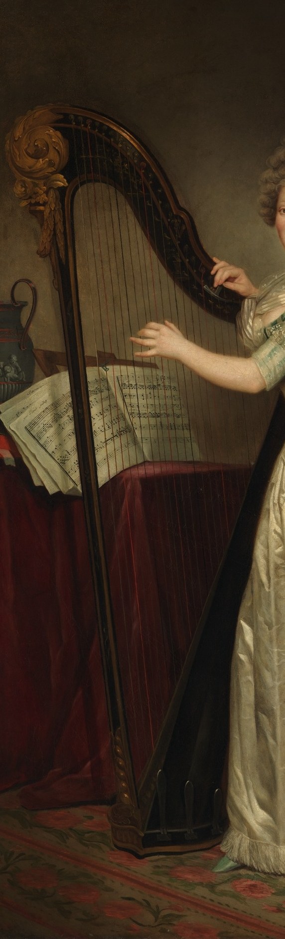 The harp's elaborate gilt-bronze column and dark frame dominate the left side, signaling aristocratic culture and polished craftsmanship