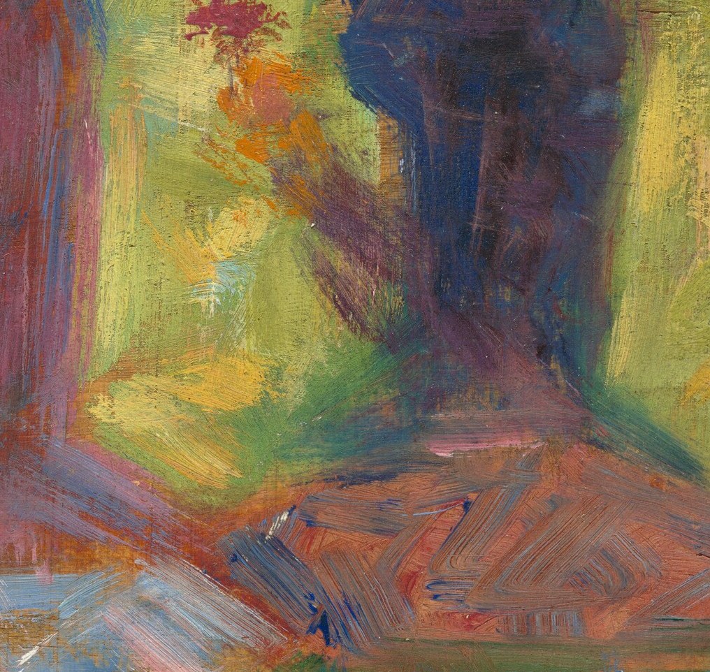 The figure with the flower suggests quiet contemplation.
