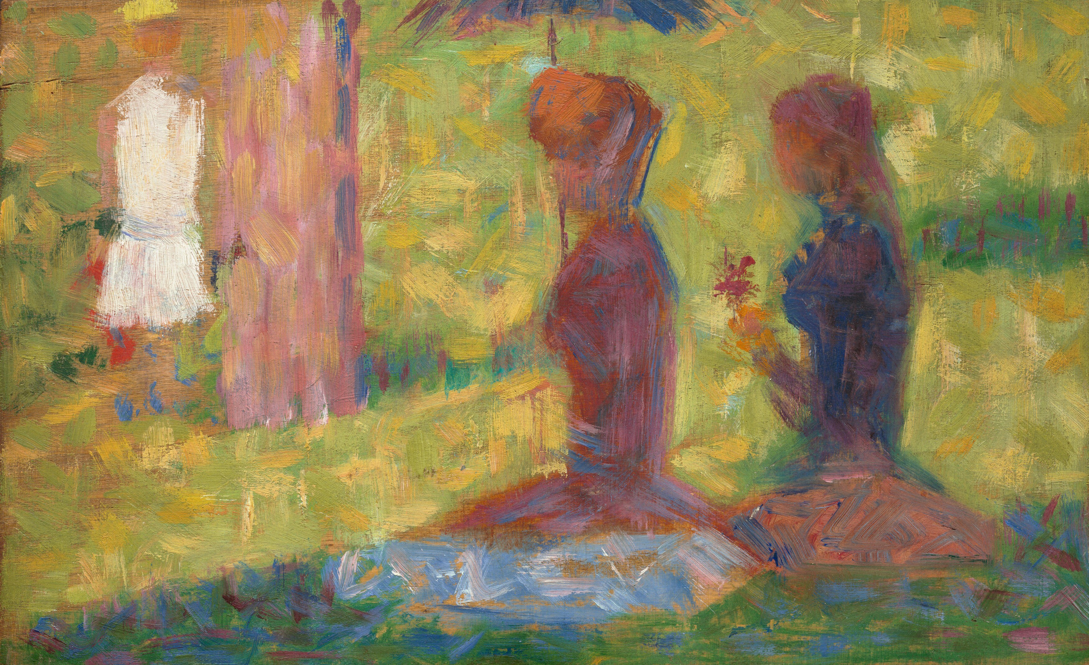 The dappled green and yellow suggest a park or garden setting, with light filtering through leaves.