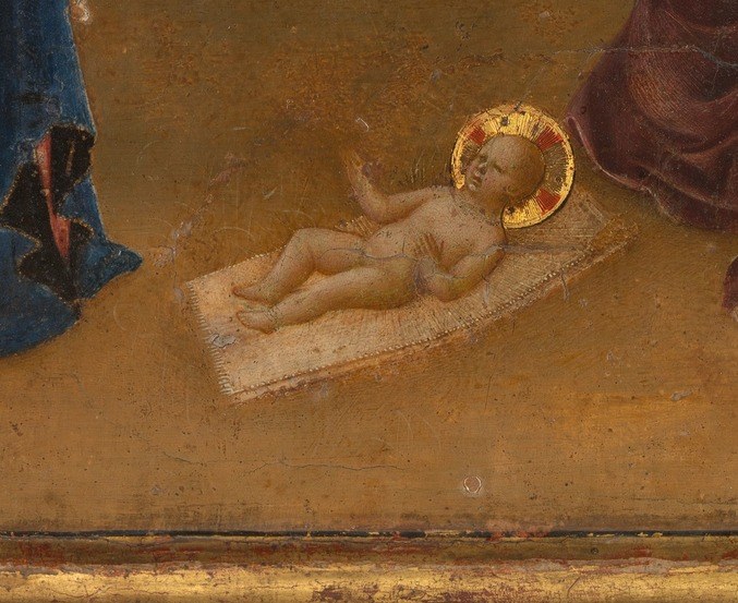 Laid directly on earth rather than in a manger , a deliberate Florentine theological choice underscoring humility; any light effect around him would read as divine emanation.