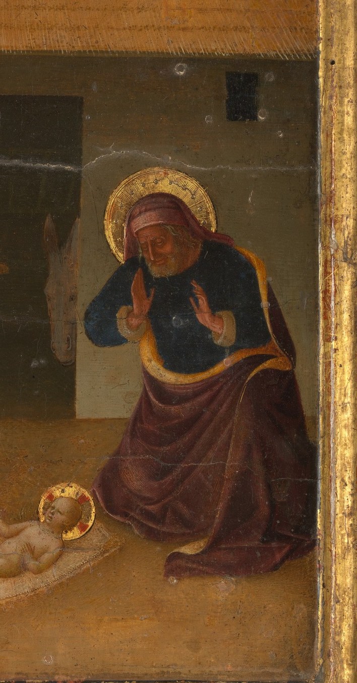 His posture and slightly open mouth suggest awe rather than mere reverence , a quieter emotional counterpoint to Mary's stillness on the left.
