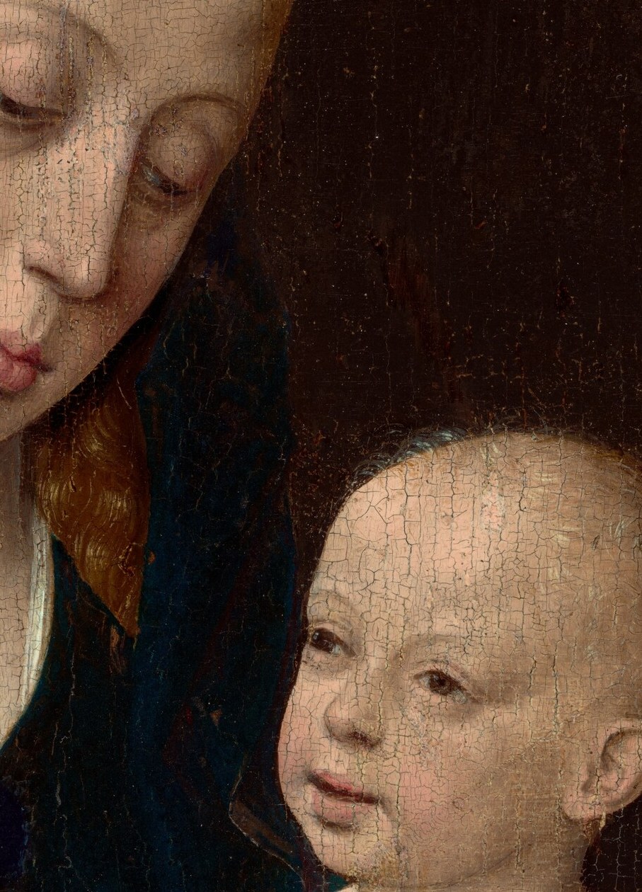 The infant gazes slightly outward rather than at Mary, breaking the closed circuit , a subtle invitation to the viewer to be included in the devotional encounter.