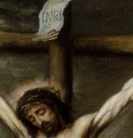 The tilt of the head conveys exhaustion and surrender; the crown of thorns presses into the brow, fusing kingship mockery with physical torment in a single gesture.