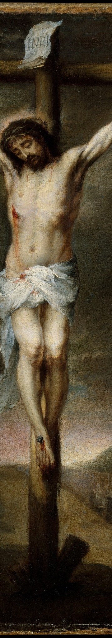 The stark vertical bisects the canvas from top to near bottom , less an object than a compositional spine. Its dark rough grain contrasts with the luminous flesh pressed against it.