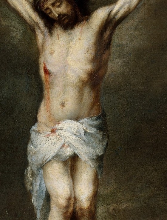 Murillo's chiaroscuro peaks here , a luminous body sculpted against the dark sky. The visible side wound (spear of Longinus) locates the moment chronologically after death, while the musculature preserves dignity.