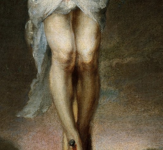 Murillo was celebrated for painting white cloth; this perizonium shows translucency and soft folds that demonstrate his technical mastery and function as the painting's brightest tonal anchor.