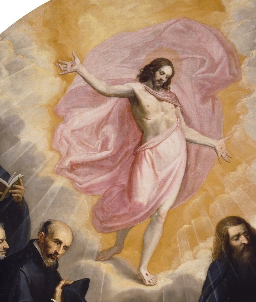 Above him, a divine vision appears.