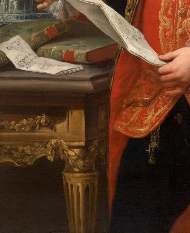 A quill, inkwell, and document show his administrative role.