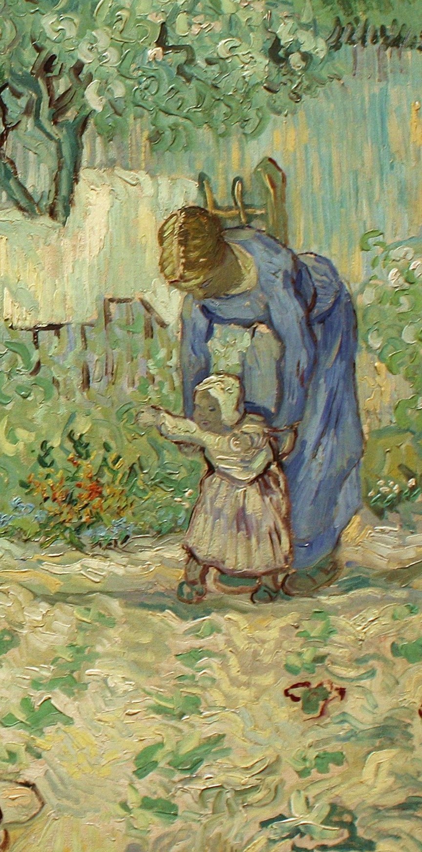 The mother who has just released the child; her upright stillness and gripped stick mark the launch point , the other anchor of the arc