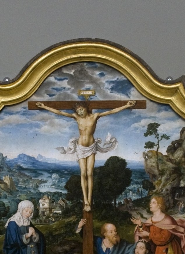 The theological and compositional pivot of the entire triptych , outstretched arms and inclined head read as surrender and suffering simultaneously, drawing the eye before anything else.