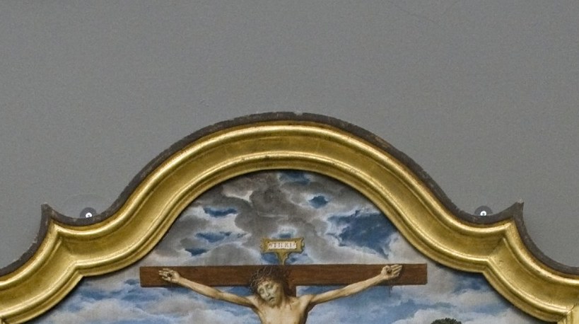 Alludes to the scriptural darkness that fell at the Crucifixion; the chiaroscuro of light breaking through cloud is both naturalistic observation and theological commentary on darkness giving way.
