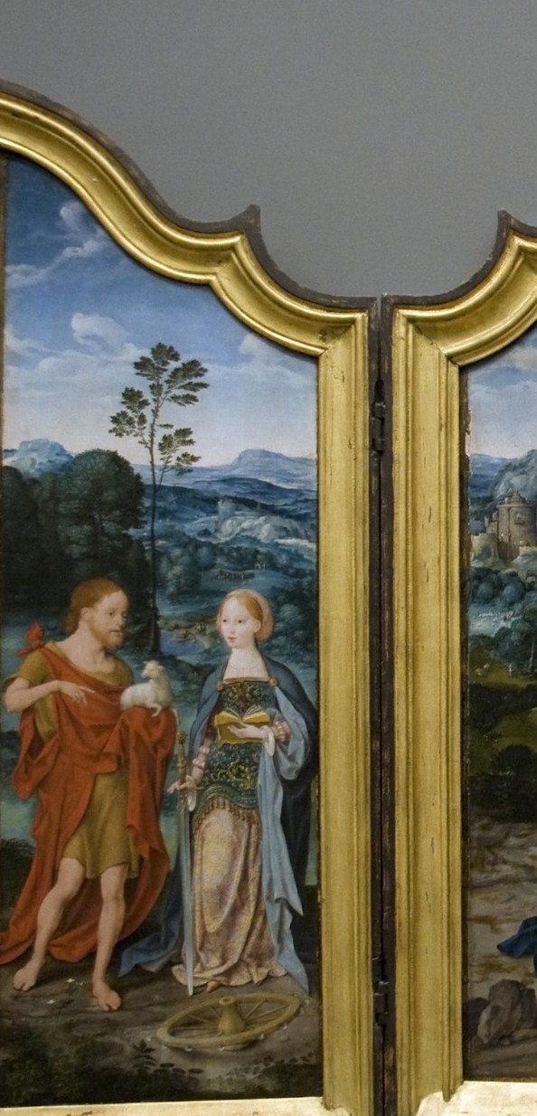 The elaborate crimson and gold dress signals wealth and high intercessory standing , her attributes (jar, book, or palm) would pin her identity precisely; she holds the devotional program for the left wing.