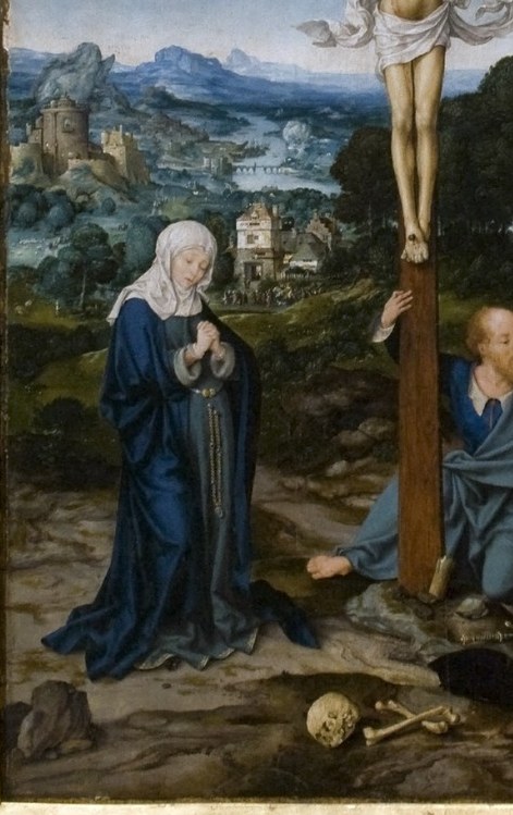 Ultramarine blue was the most expensive pigment of the period, reserved for Mary as a marker of divine status; her posture of contained grief defines the emotional register of the whole scene.