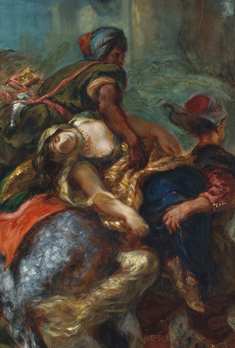 The central dramatic action , her white garment glows against the chaos, arms outstretched in resistance, embodying the helpless heroine of Scott's Ivanhoe