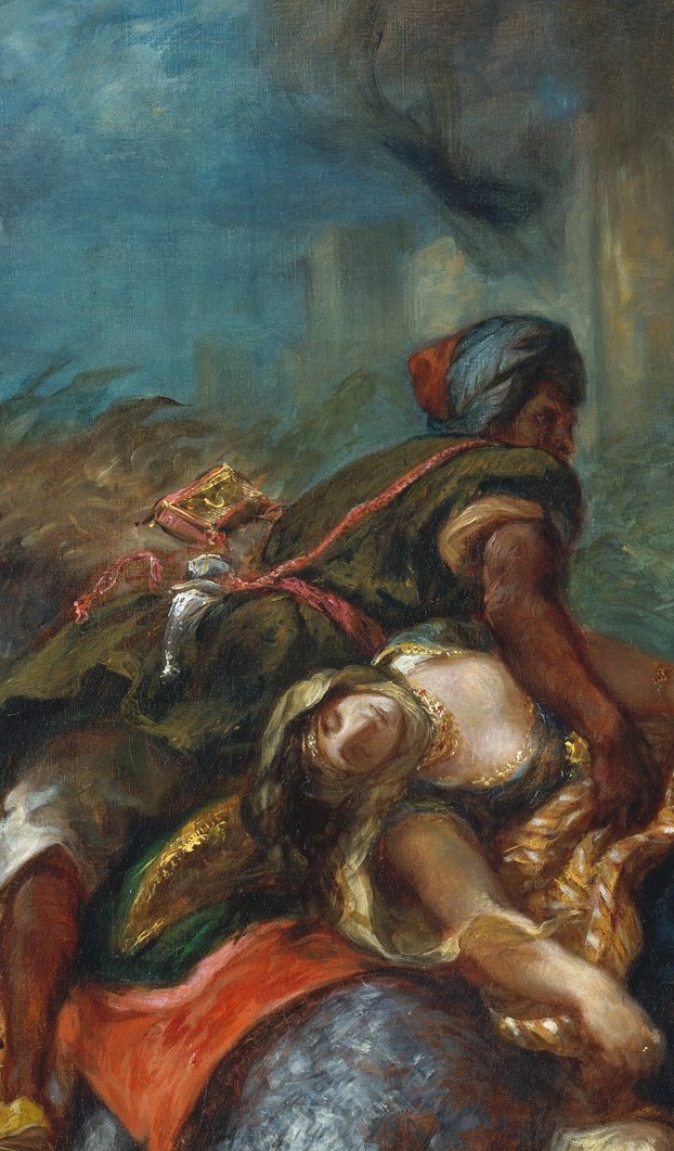The exotic 'Saracen' costume signals Orientalist fascination; his forceful posture contrasts Rebecca's limp submission
